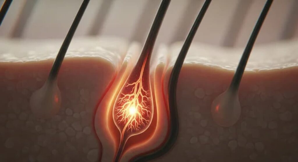 Cross-section illustration of a healthy hair follicle showing root, bulb, and skin layers