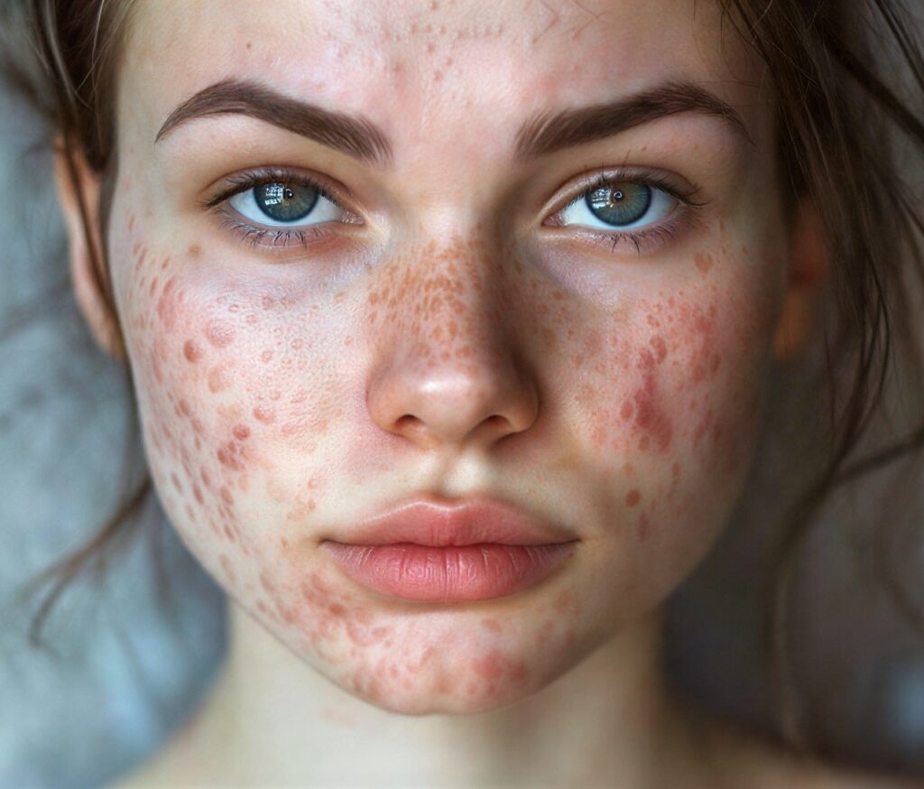 Close-up of young woman's face showing severe cystic acne, acne scars, and dark spots from sun damage